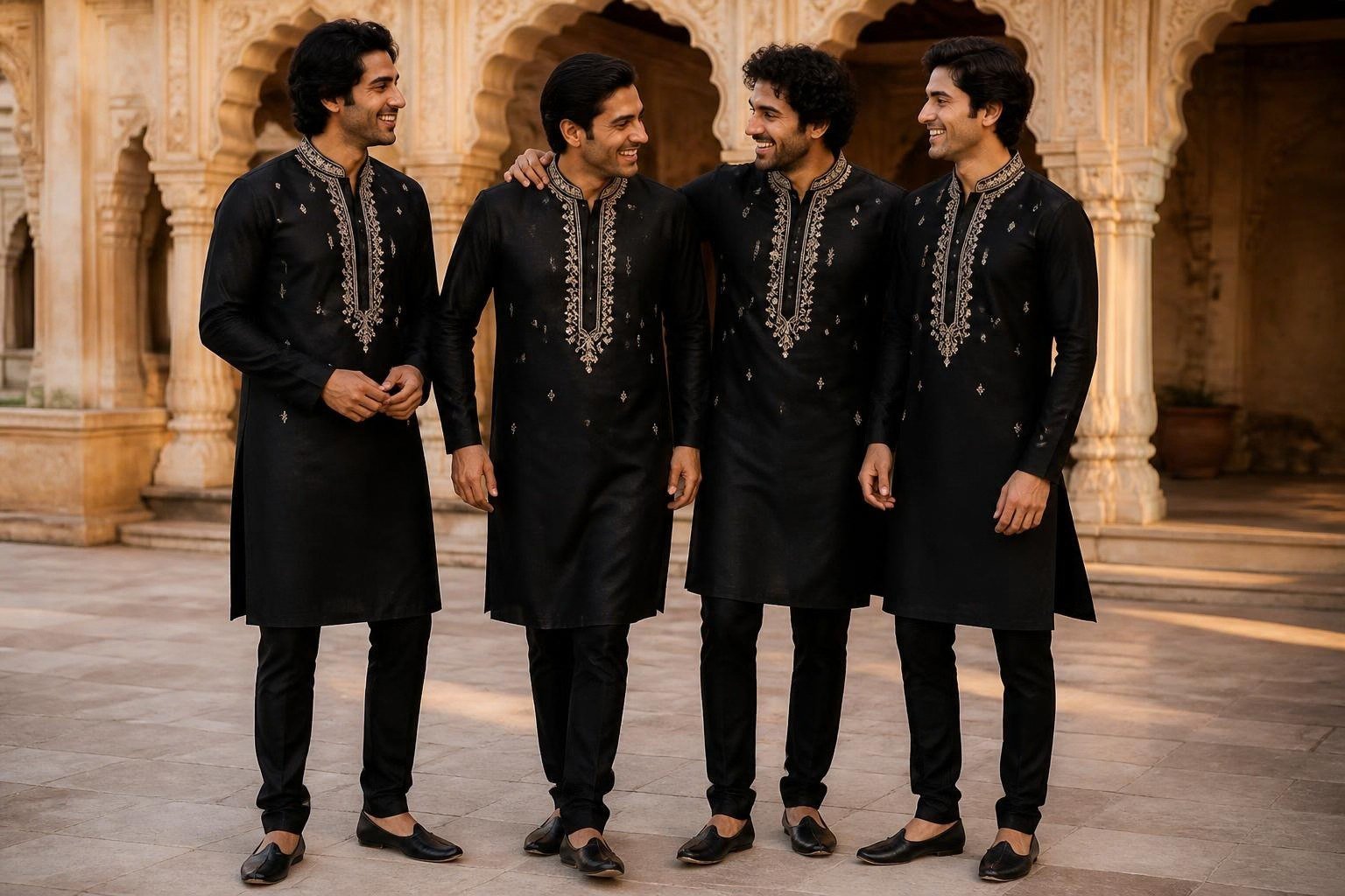 Four men in black hand-embroidered kurtas in a haveli courtyard